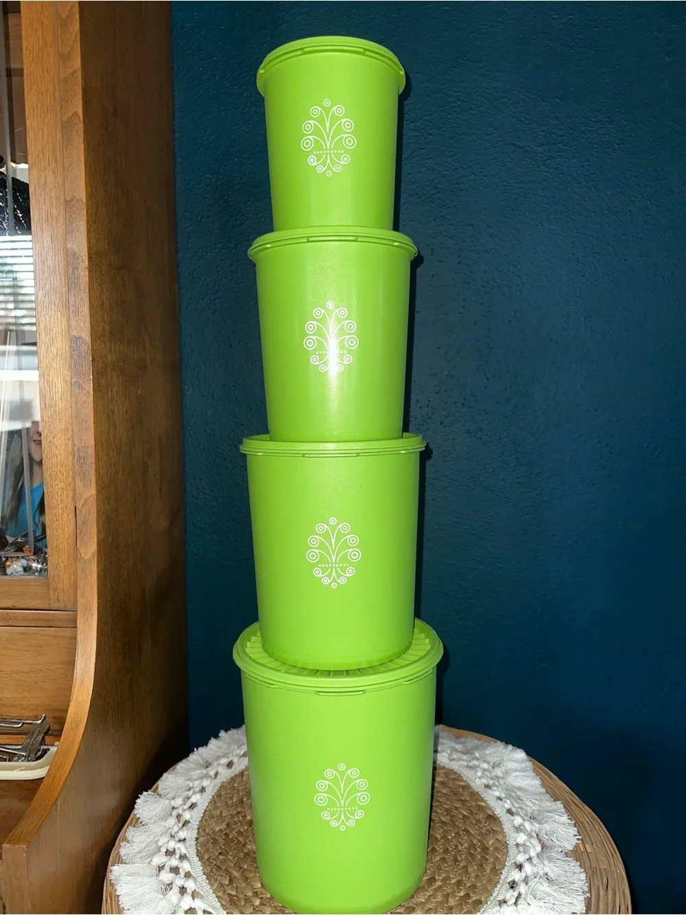 VTG-Tupperware Bright Lime Green Stackable Canisters with Decorative White Motif